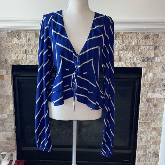 Free People Cropped Blouse Samifran Top Indigo blue long sleeve Striped Medium - Picture 3 of 5